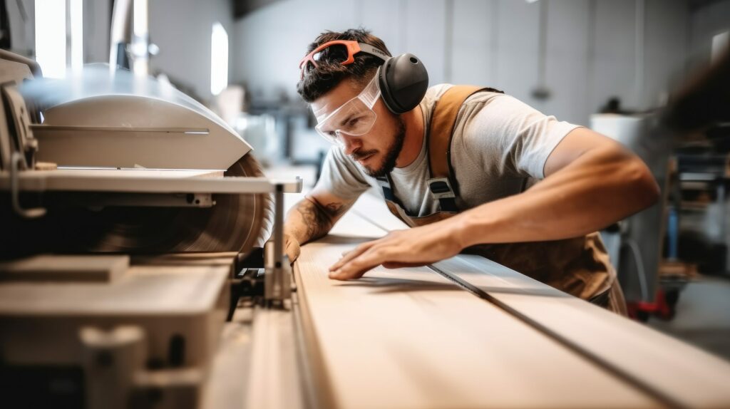 Charpentier utilisant une ponceuse sur un morceau de bois dans un atelier de menuiserie mutuelle smatis