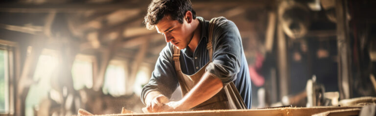 "Un menuisier en train de couper du bois, affichant son appartenance à la mutuelle Smatis."