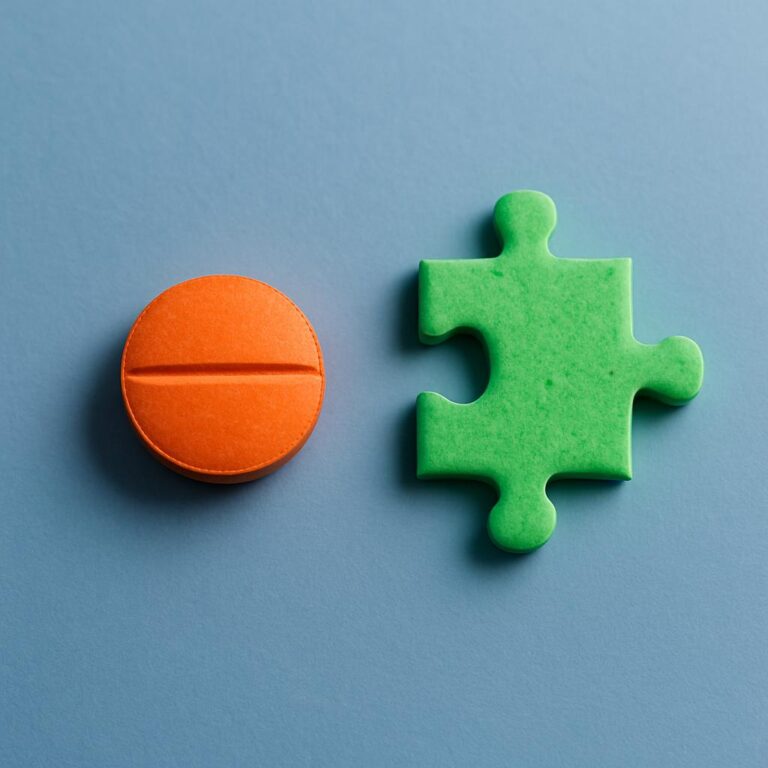 Deux comprimés colorés sur fond bleu, dont un en forme de pièce de puzzle, illustrant les dangers d'une automédication inadaptée