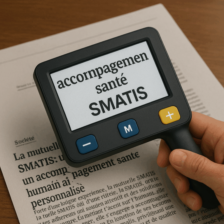 Main tenant une loupe électronique agrandissant les mots accompagnement santé SMATIS dans un article de journal en français parlant positivement de la mutuelle