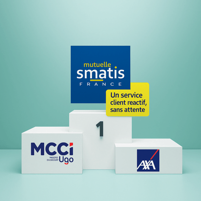 Illustration de trois mutuelles santé — SMATIS, MCCI et AXA — sur un podium, avec un badge sur SMATIS indiquant 'Un service client réactif, sans attente