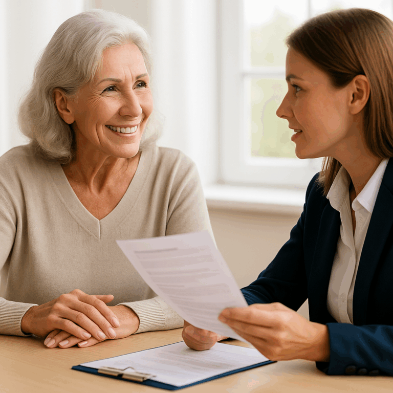Une femme senior souriante échange avec une conseillère autour d’un document, illustrant un accompagnement personnalisé en santé ou dépendance.