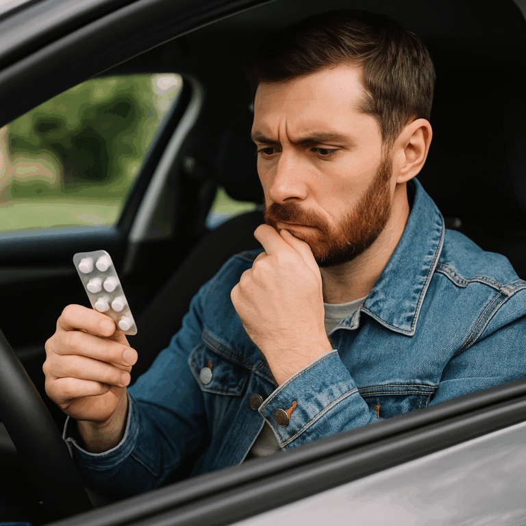 Homme au volant observant une plaquette de médicaments, illustrant les risques liés à la conduite sous traitement médical.