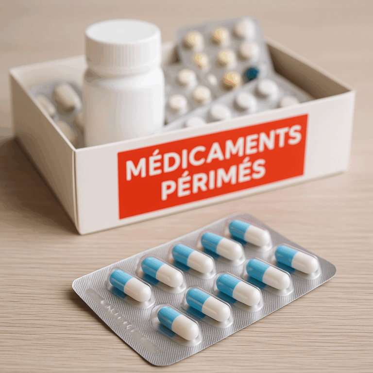 Médicaments périmés sur une table avec emballages ouverts et flacon en arrière-plan.