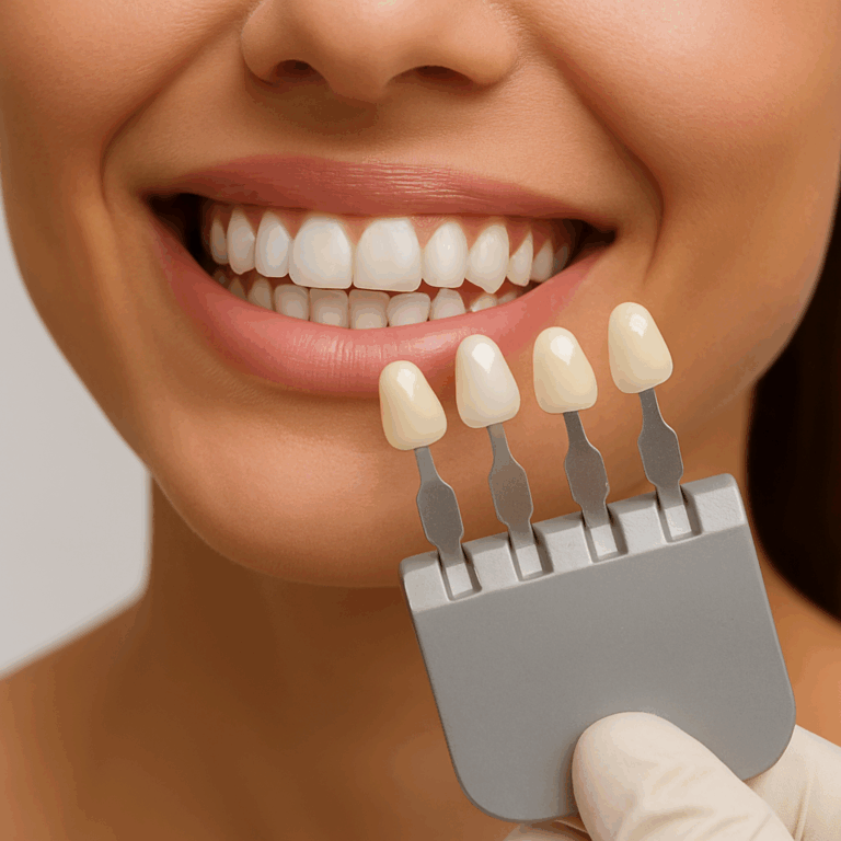Femme souriante montrant ses dents blanches et alignées après une pose de facettes dentaires
