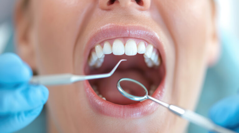 Dentiste effectuant un détartrage sur une patiente avec des instruments professionnels