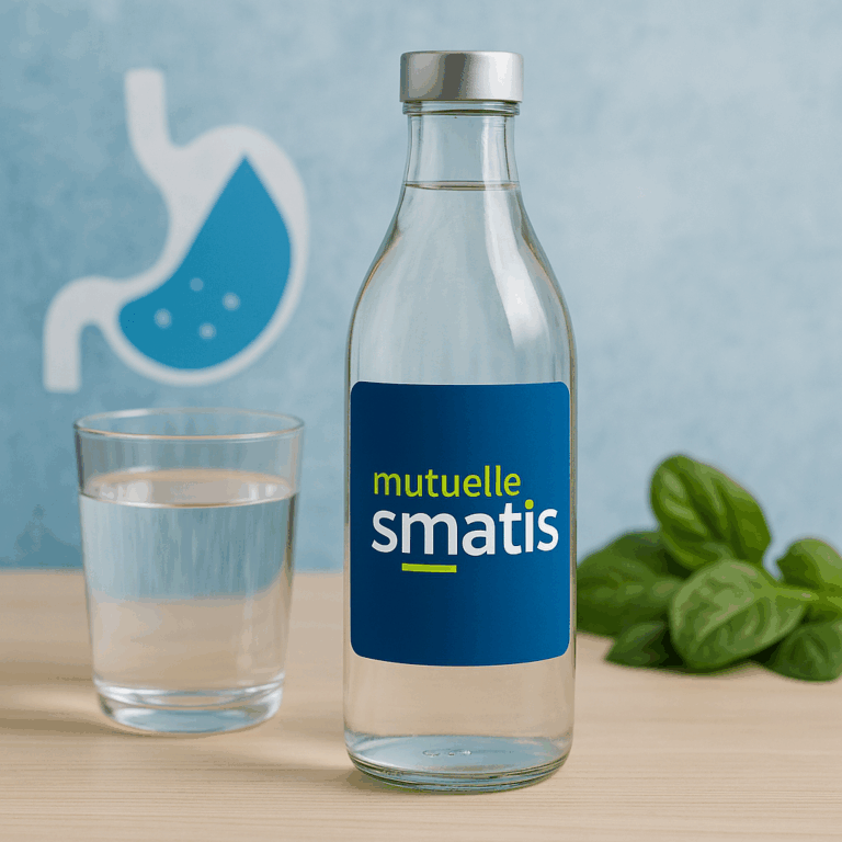 Bouteille en verre d'eau avec le logo Mutuelle SMATIS sur l'étiquette, posée sur une table avec un verre d'eau et des feuilles de basilic
