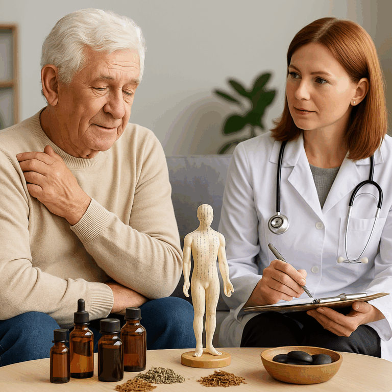 Consultation entre un senior et une praticienne en médecines douces avec des éléments d'acupuncture et de phytothérapie