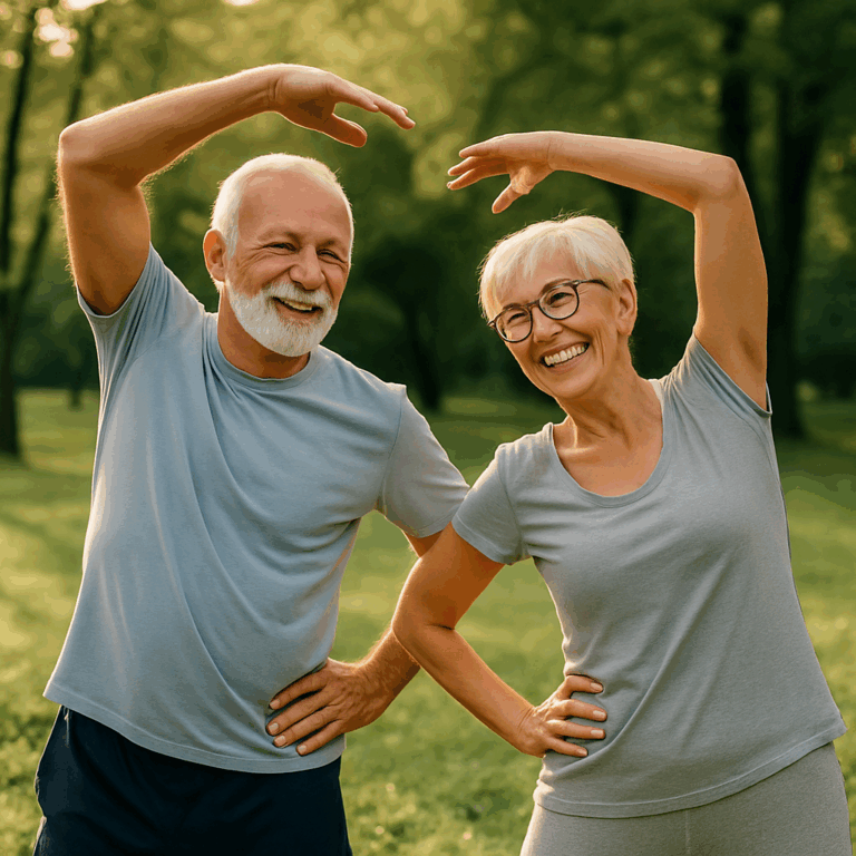 Couple senior souriant faisant une promenade active en extérieur par beau temps