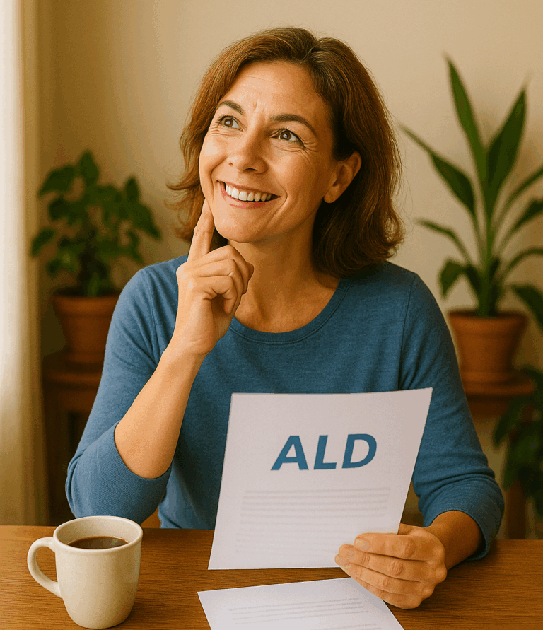 Femme souriante d'une cinquantaine d'années tenant un document marqué 'ALD', assise à une table avec une tasse de café, dans un intérieur lumineux avec des plantes en arrière-plan