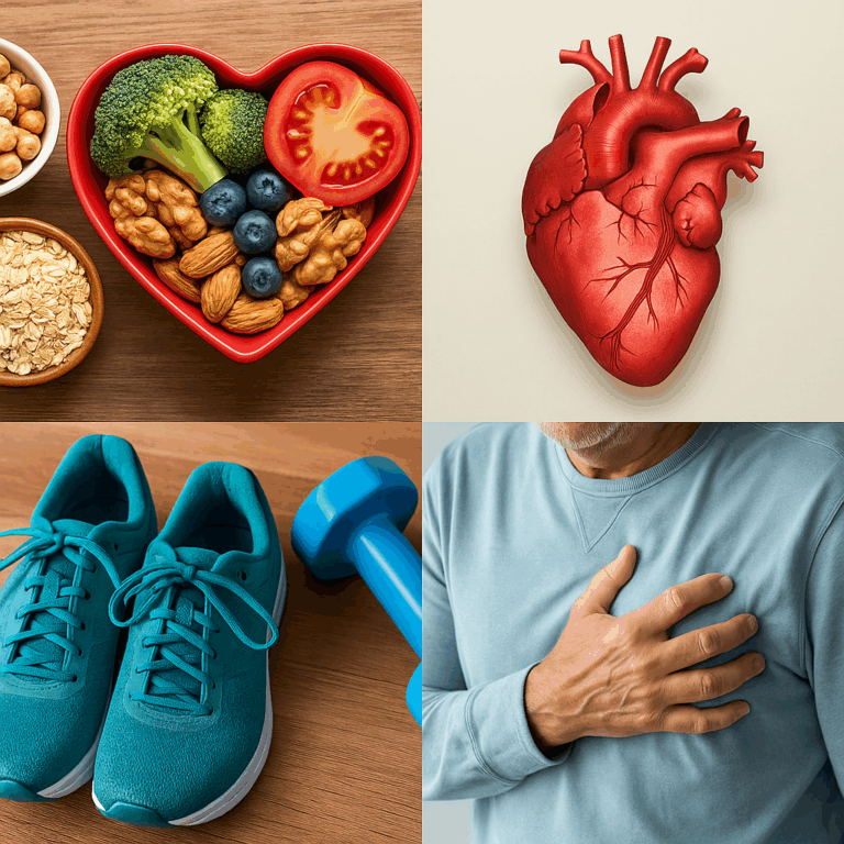 Illustration de la prévention des maladies cardiovasculaires avec des aliments sains, un cœur anatomique, des équipements de sport et une personne se tenant la poitrine.