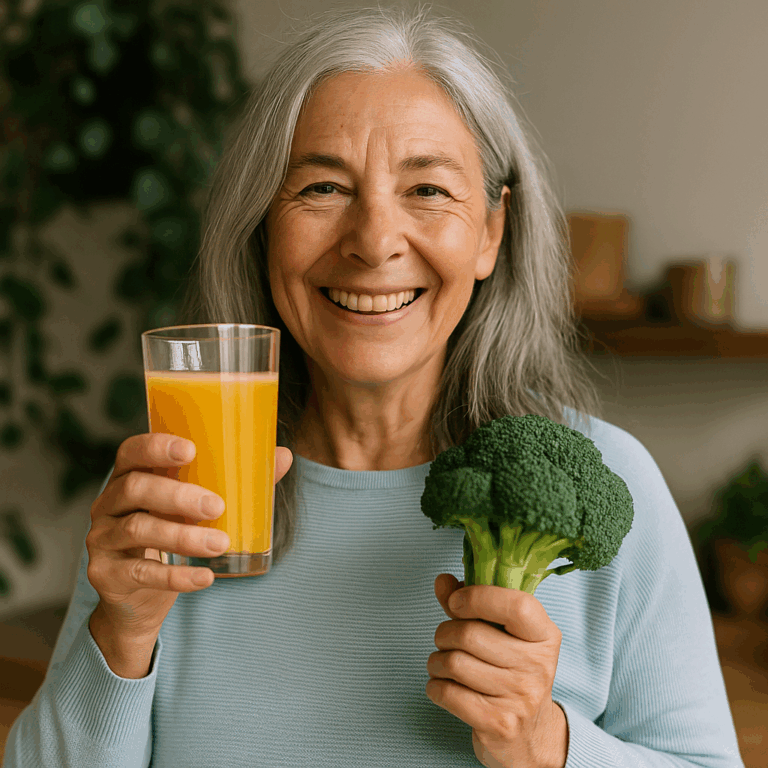 Femme souriante tenant un verre de jus d’orange et un brocoli, illustrant une alimentation saine pour renforcer l’immunité naturellement