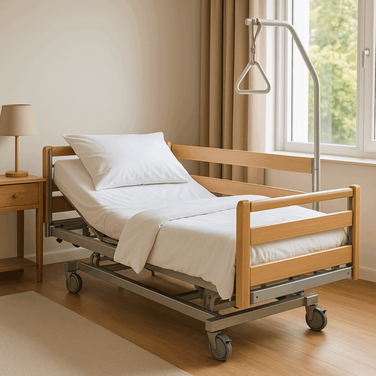 Lit médicalisé réglable installé dans une chambre claire et confortable, avec matelas blanc, structure en bois et équipement de soutien