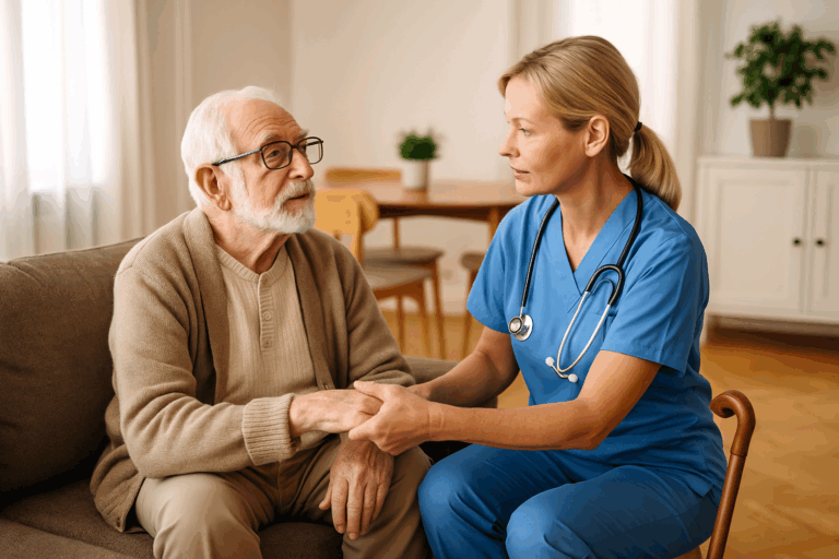 Infirmière prenant soin d’une personne âgée à domicile, illustrant la prise en charge médicale et l’accompagnement thérapeutique pour les seniors