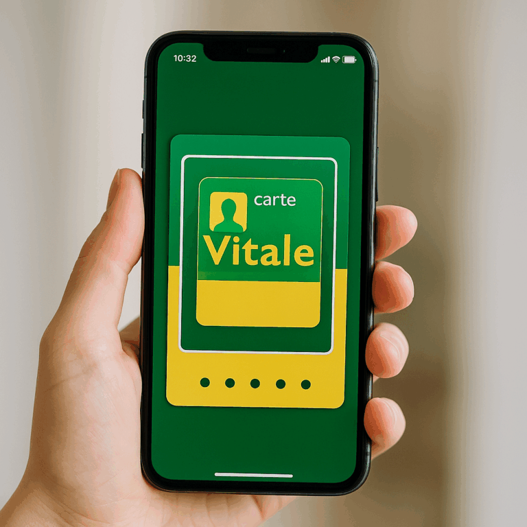 Carte Vitale numérique affichée sur l’écran d’un smartphone tenu en main.