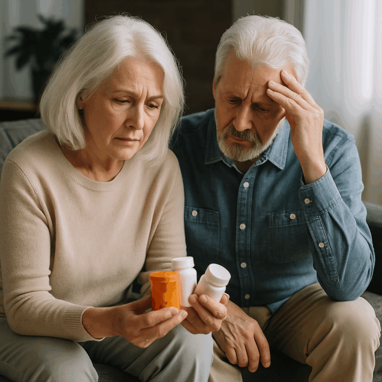 Couple de seniors inquiets devant des boîtes de médicaments non remboursés