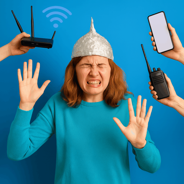 Personne avec humour repoussant des ondes électromagnétiques imaginaires, illustration légère et colorée sur les risques des ondes.