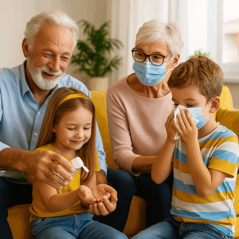 Famille multigénérationnelle pratiquant les gestes barrières, prévention des maladies infectieuses et accompagnement par une mutuelle santé