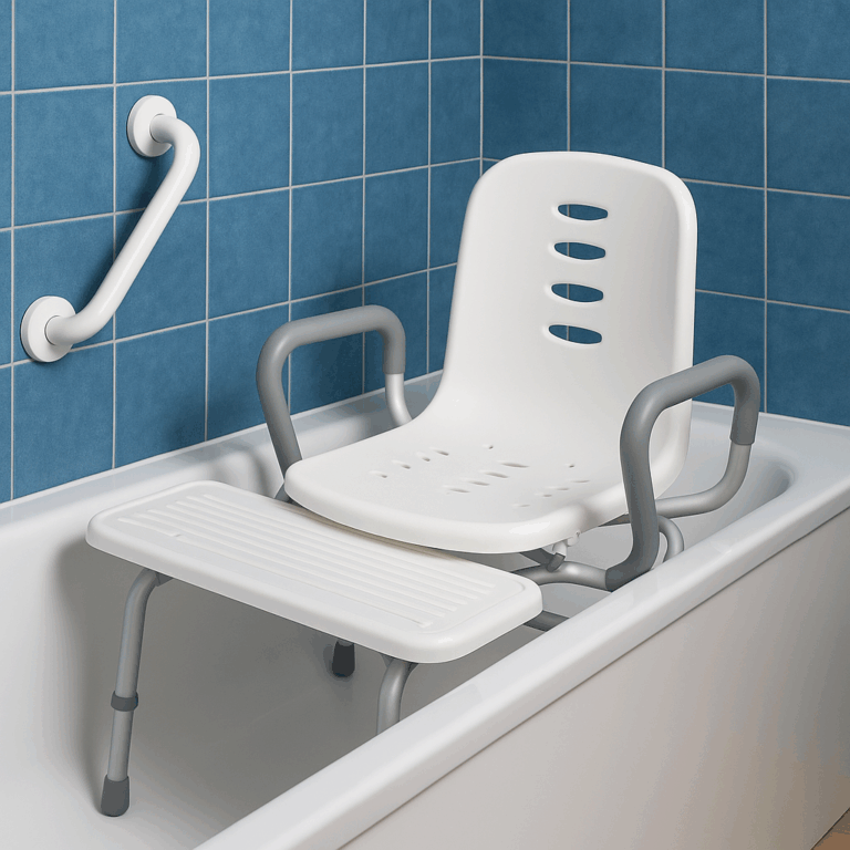 Salle de bain équipée d’un siège de bain et de barres d’appui pour favoriser l’autonomie des personnes à mobilité réduite