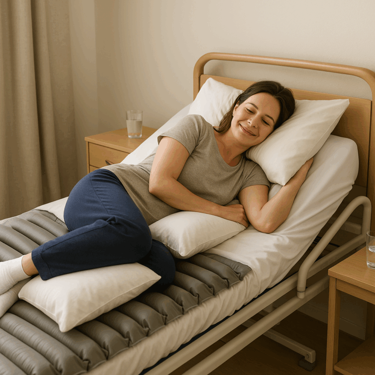 Patiente allongée sur le côté sur un matelas anti-escarres à cellules alternées, souriante, avec coussins de soutien