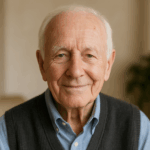 Jacques, 91 ans, portrait souriant en intérieur, illustrant son témoignage positif sur sa mutuelle.