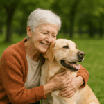 Marine, retraitée, souriante dans un parc, faisant un câlin à son chien pour illustrer son témoignage sur sa mutuelle senior.