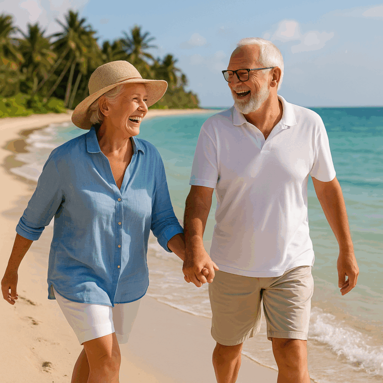 couple senior expatrie heureux sur une plage en thailande avec mutuelle sante