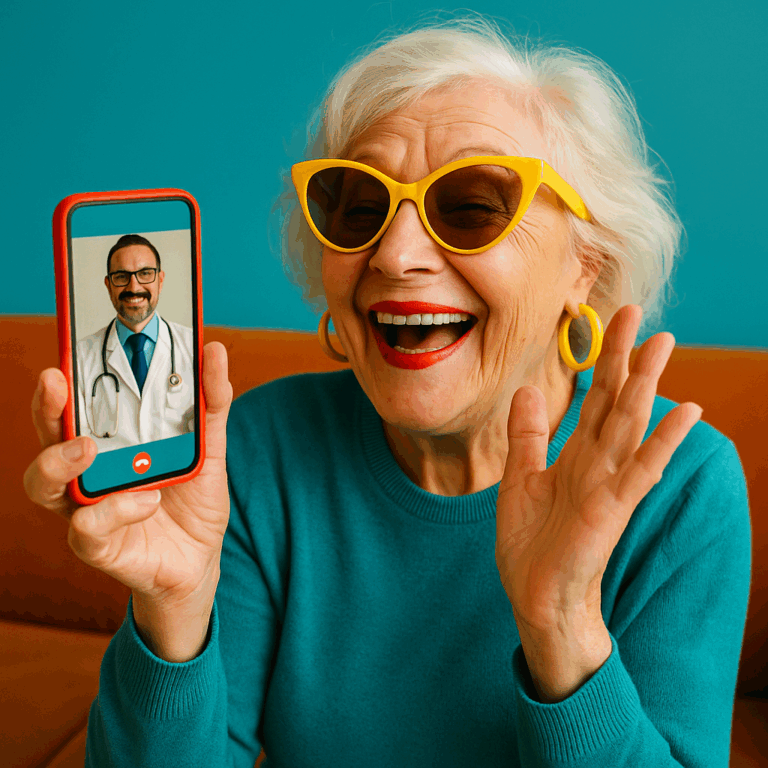 Senior souriant en téléconsultation médicale depuis son salon, image joyeuse et colorée