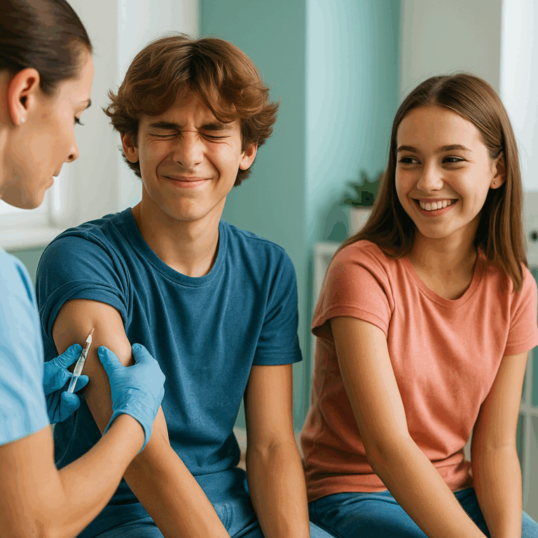 Adolescents, fille et garçon, recevant une vaccination contre le papillomavirus dans un cabinet médical.