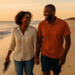 Pauline, 47 ans, marche main dans la main avec son mari sur une plage au coucher du soleil.