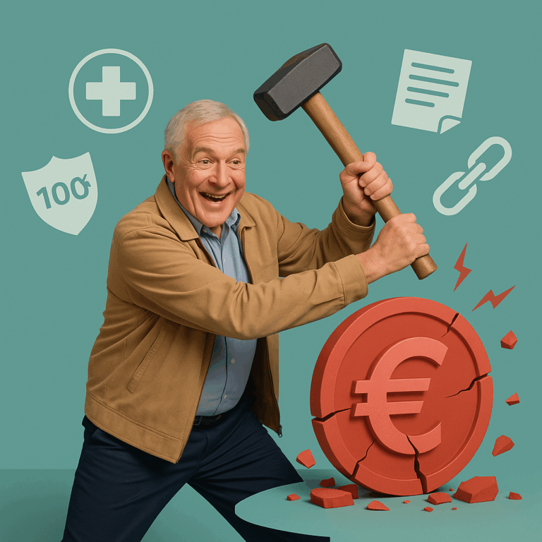 Senior souriant cassant une grosse pièce en euro avec un marteau, symbolisant la baisse des cotisations de mutuelle.
