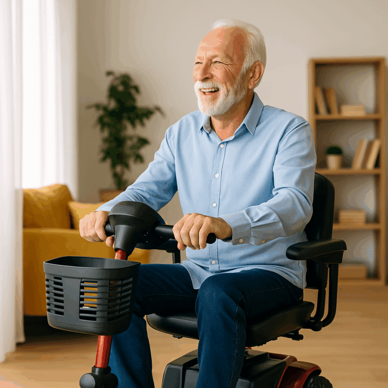 Homme senior souriant utilisant un scooter électrique pour personnes à mobilité réduite dans son salon