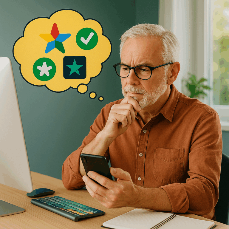 Senior souriant avec casque audio, réfléchissant aux avis clients Google, Trustpilot et Ekomi, assis à son bureau moderne