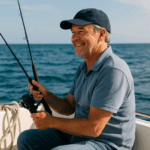 Thierry, 55 ans, souriant en pêchant en mer sur son bateau, illustre sa satisfaction d’avoir choisi une mutuelle adaptée pour ses parents.