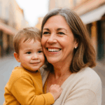 Véronique, 56 ans, souriante dans une rue piétonne, tenant son petit-fils dans ses bras pour illustrer son témoignage sur sa mutuelle senior.