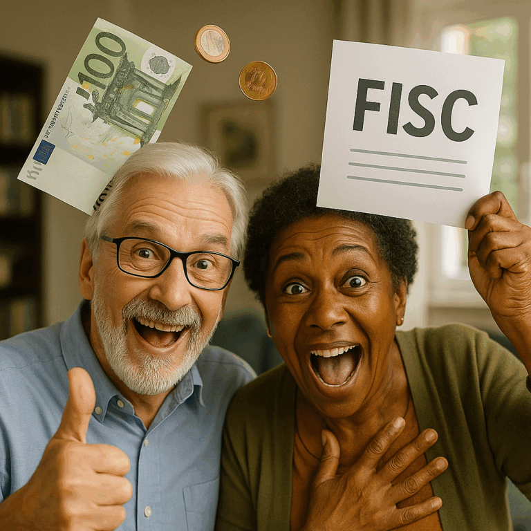 Seniors heureux découvrant les avantages fiscaux d’une mutuelle santé, avec billets et pièce d’euro, et document marqué "FISC"
