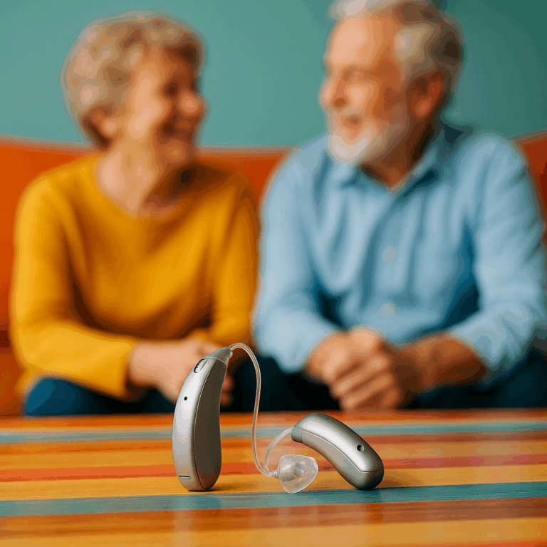 appareil auditif senior sur une table en bois, symbole du bien-vieillir et de la prise en charge 100 % santé