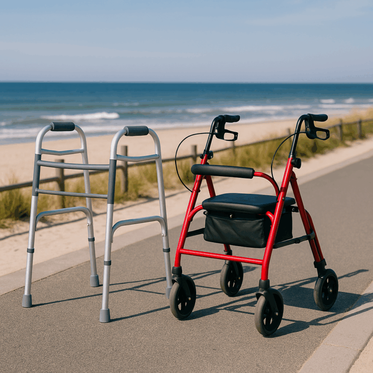 Déambulateur et rollator côte à côte sur une promenade en bord de mer, matériel médical de mobilité