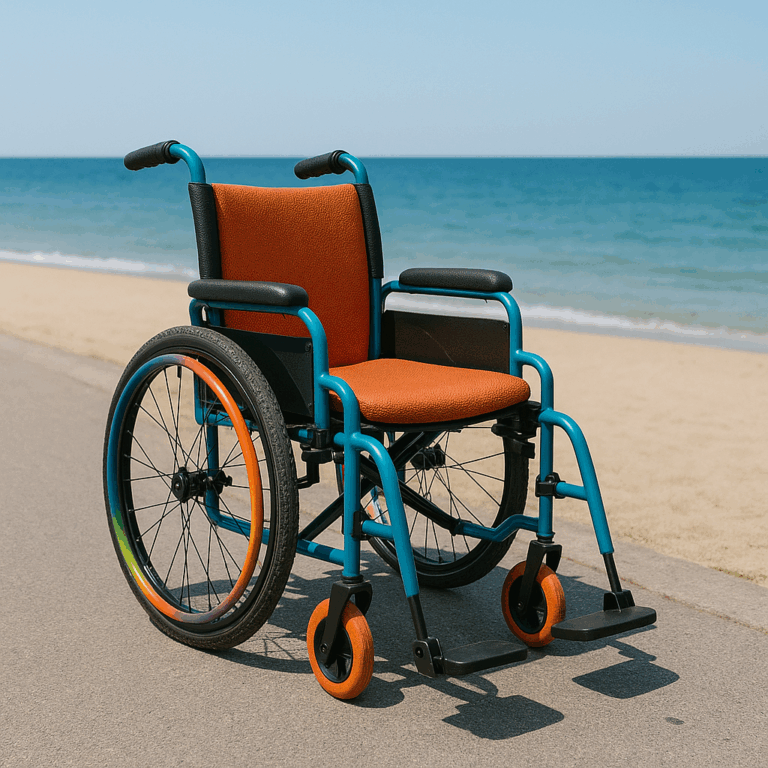 Fauteuil roulant coloré sur un chemin qui mène à la plage, symbole d’accessibilité et de liberté.