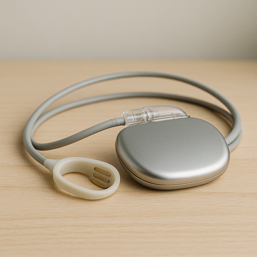 Appareil de stimulation du nerf hypoglosse pour traiter l’apnée du sommeil, générateur implantable et son capteur posé sur une table