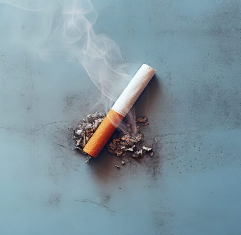 Cigarette écrasée qui se consume encore, symbole d’arrêt du tabac pour la Journée sans tabac.