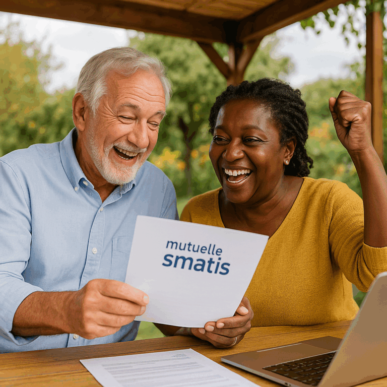 Couple senior interracial heureux sous leur pergola en découvrant des économies sur leur mutuelle santé