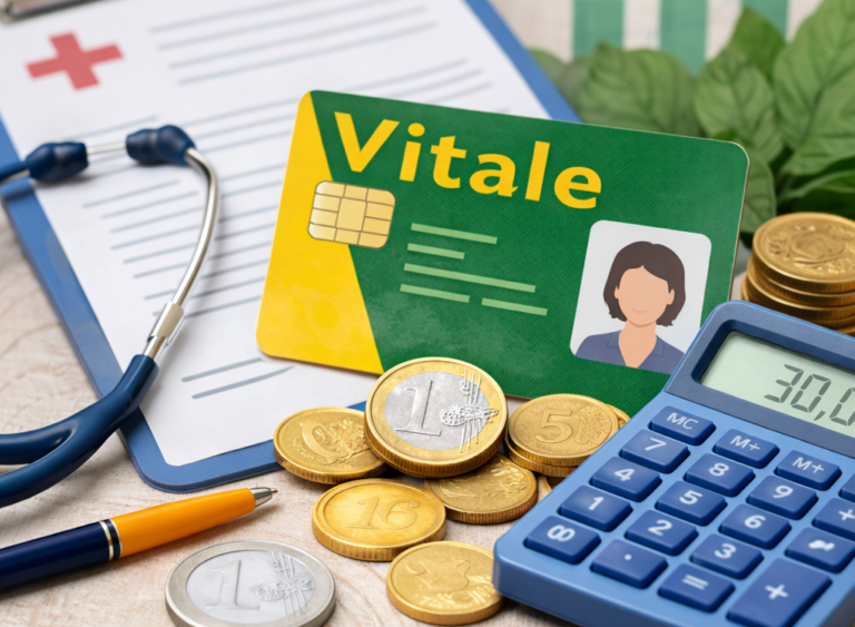 Carte Vitale, calculatrice et pièces en euros illustrant le calcul des remboursements de la Sécurité sociale et de la mutuelle.