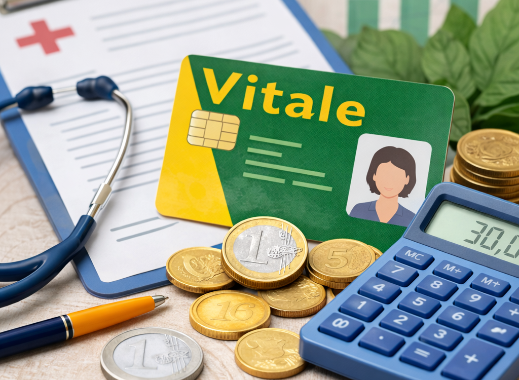 Carte Vitale, calculatrice et pièces en euros illustrant le calcul des remboursements de la Sécurité sociale et de la mutuelle.