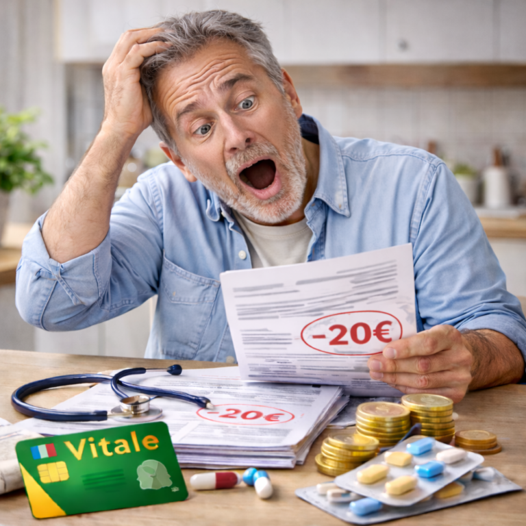 Homme senior surpris en consultant un décompte de remboursement de la Sécurité sociale montrant un montant inférieur au prix payé