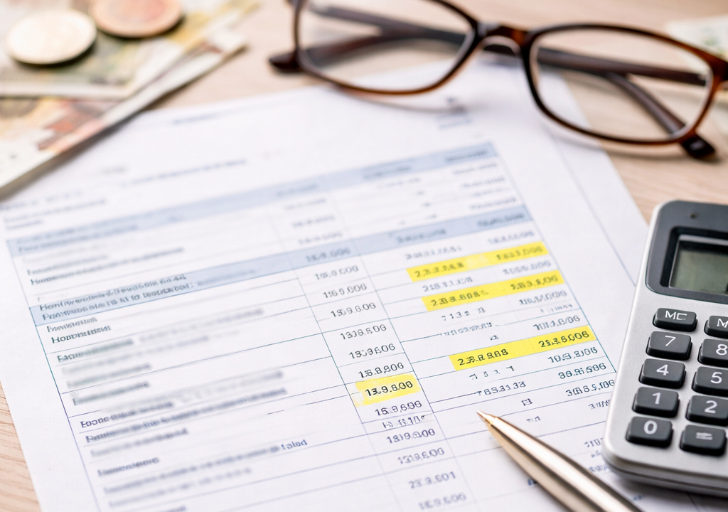 Décompte de remboursement de frais de santé avec montants surlignés, calculatrice et documents médicaux sur un bureau