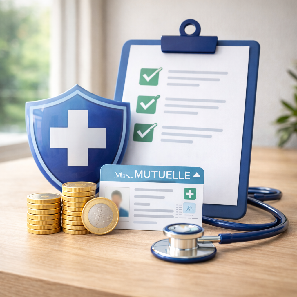 Illustration d’un contrat responsable en mutuelle avec carte santé, euros et stéthoscope