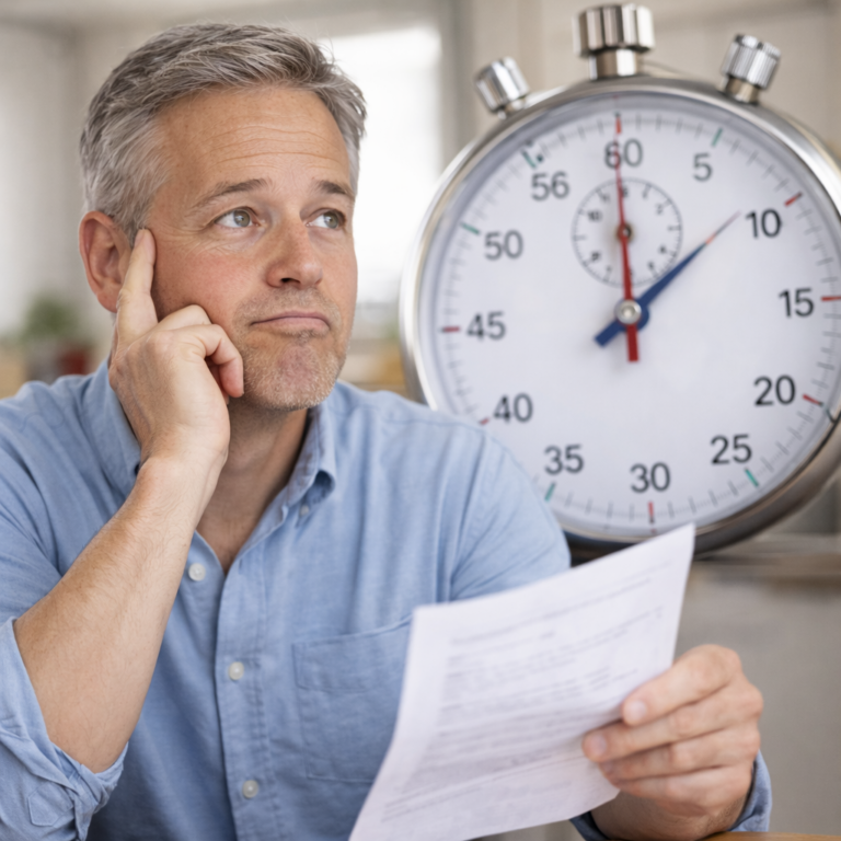 Homme quinquagénaire pensif tenant un document de santé devant un grand chronomètre illustrant le délai de remboursement