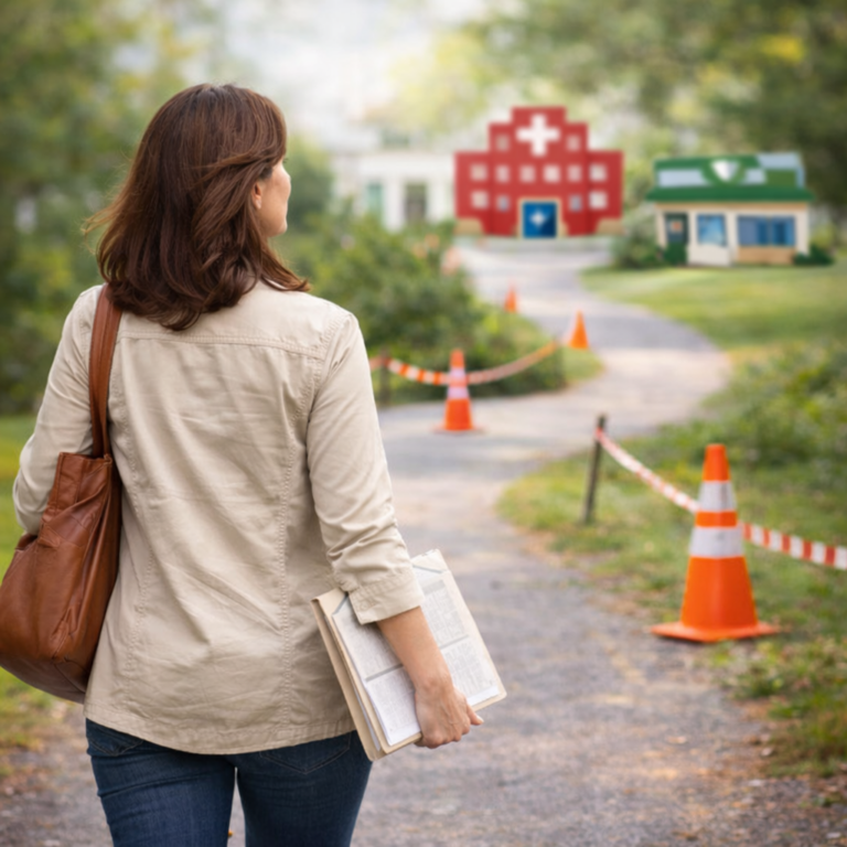 Femme marchant sur un chemin balisé vers des établissements de santé, illustrant un parcours de soins coordonnés