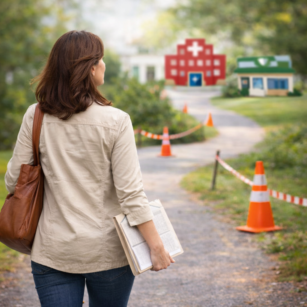 Femme marchant sur un chemin balisé vers des établissements de santé, illustrant un parcours de soins coordonnés